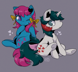 Size: 640x594 | Tagged: safe, artist:kzhound, derpibooru import, bow tie (g1), gusty, earth pony, unicorn, g1, bow, duo, duo female, female, freckles, gray background, hair, hair bow, heart, heart ears, mare, no pupils, one eye closed, reddit, shiny hair, shiny mane, signature, simple background, tail, tail bow, wink