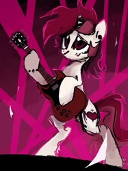 Size: 640x854 | Tagged: safe, artist:noriiuwu, derpibooru import, oc, oc only, oc:rosella, unicorn, abstract background, ear piercing, female, guitar, horn, lights, mare, musical instrument, not roseluck, piercing, reddit, solo, solo female, unicorn oc