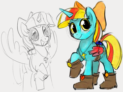 Size: 1175x875 | Tagged: safe, artist:dotkwa, derpibooru import, oc, oc only, oc:terri softmare, alicorn, pony, 4chan, alicorn oc, bag, boots, bow, clothes, cross, cross necklace, female, freckles, gray background, hair bow, horn, jewelry, mare, necklace, open mouth, open smile, saddle bag, shoes, simple background, smiling, solo, wings