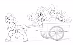 Size: 3000x1844 | Tagged: safe, artist:taneysha, derpibooru import, apple bloom, applejack, big macintosh, granny smith, pinkie pie, earth pony, pony, pinkie apple pie, cart, grayscale, inktober, inktober 2022, monochrome, scene interpretation, simple background, white background