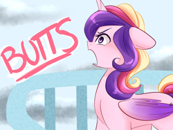 Size: 1600x1200 | Tagged: safe, artist:sugarberry, derpibooru import, princess cadance, alicorn, pony, ask-cadance, balcony, butts, ears, female, floppy ears, frown, glare, mare, open mouth, solo, yelling