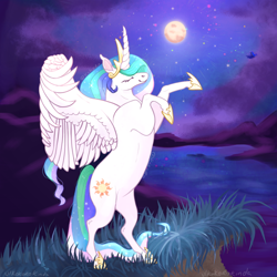 Size: 640x640 | Tagged: safe, alternate version, artist:kokorokinda, derpibooru import, princess celestia, alicorn, alternate versions at source, cloud, colored hooves, crown, ethereal mane, female, grass, jewelry, lake, mare, moon, night, reddit, regalia, solo, solo female, stars, water