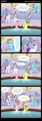 Size: 900x2572 | Tagged: safe, artist:cyberglass, derpibooru import, fluttershy, pinkie pie, rainbow dash, rarity, twilight sparkle, earth pony, pegasus, pony, unicorn, comic:unique, comic, dialogue, female, mare, multicolored hair, newspaper, ponyville spa, rainbow hair, spa, speech bubble, wat