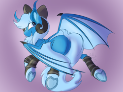 Size: 2000x1500 | Tagged: safe, artist:starcasteclipse, derpibooru import, oc, oc only, oc:starcasteclipse, bat pony, hybrid, bow, butt, clothes, digital art, ear fluff, ears, eyelashes, full body, hooves, horn, looking at you, looking back, looking back at you, plot, simple background, smiling, smiling at you, tail, wings