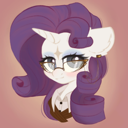 Size: 900x900 | Tagged: safe, artist:pollynia, derpibooru import, rarity, pony, unicorn, bust, clothes, coat markings, digital art, ear fluff, ear piercing, earring, ears, eyelashes, facial markings, featured image, female, glasses, gradient background, horn, jewelry, looking at you, makeup, mare, piercing, portrait, shirt, simple background, smiling, smiling at you, solo, star (coat marking)