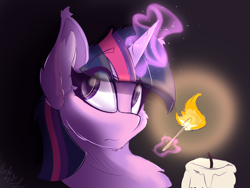 Size: 2000x1500 | Tagged: safe, artist:starcasteclipse, derpibooru import, twilight sparkle, pony, bust, candle, chest fluff, dark background, digital art, ear fluff, ears, eyelashes, female, fire, horn, light, looking back, magic, mare, match, portrait, simple background