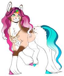 Size: 1280x1525 | Tagged: safe, artist:malinraf1615, derpibooru import, oc, oc only, earth pony, pony, barrette, chest fluff, digital art, ear fluff, ears, female, food, full body, green eyes, hooves, jewelry, looking back, mare, necklace, offspring, parent:hitch trailblazer, parent:sunny starscout, parents:sunnyhitch, pineapple, shell, simple background, smiling, solo, tail, transparent background, unshorn fetlocks