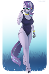 Size: 2000x3000 | Tagged: safe, artist:villjulie, derpibooru import, starlight glimmer, zecora, oc, oc:voodoo charms, anthro, earth pony, pony, unguligrade anthro, unicorn, zebra, bracelet, breasts, bust, cleavage, clothes, commissioner:bigonionbean, cowboy hat, female, fusion, fusion:voodoo charms, hat, horn, jewelry, male, mare, neck rings, one-piece swimsuit, stallion, stetson, swimsuit, thighs, writer:bigonionbean, zebra oc