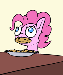 Size: 715x843 | Tagged: safe, artist:happy harvey, derpibooru import, pinkie pie, oc, oc:chocolate chips, earth pony, pony, cookie, drawn on phone, ear fluff, ears, female, food, holdind, mare, mouth hold, no pupils, plate, stealing, table, wall eyed