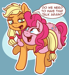 Size: 2033x2226 | Tagged: safe, artist:doodledonutart, derpibooru import, applejack, pinkie pie, earth pony, pony, applejack is not amused, blue background, dialogue, duo, duo female, female, hape, high res, hug, looking at each other, looking at someone, mare, open mouth, open smile, outline, patience, personal space invasion, ponytober, simple background, smiling, speech bubble, unamused