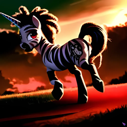 Size: 1024x1024 | Tagged: safe, derpibooru import, generator:purplesmart.ai, generator:stable diffusion, machine learning generated, oc, oc only, oc:nafasi nyingine, oc:second chance, hybrid, zebra, zebracorn, anatomically incorrect, butt, colt, dreadlocks, foal, male, parent:oc:kalimba mavembe, parent:oc:sniper shot, playing, plot, solo, zebra oc