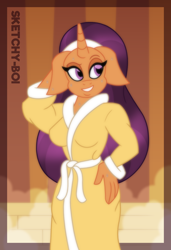 Size: 2400x3500 | Tagged: safe, artist:snakeythingy, derpibooru import, saffron masala, anthro, clothes, ponyville spa, robe, robes, sauna, spa, steam