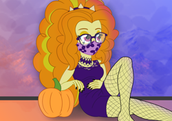 Size: 1754x1240 | Tagged: safe, artist:cybersquirrel, derpibooru import, adagio dazzle, equestria girls, black nail polish, choker, face mask, fishnet stockings, glasses, looking away, mask, nail polish, pumpkin, reference, sitting, solo