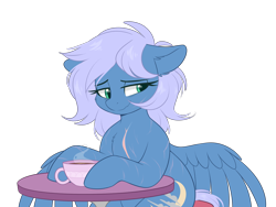 Size: 2300x1733 | Tagged: safe, artist:higglytownhero, derpibooru import, oc, oc only, oc:vesperal breeze, pegasus, pony, coffee, commission, looking away, pegasus oc, scar, self harm, self harm scars, simple background, solo, table, transparent background