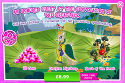Size: 1962x1301 | Tagged: safe, derpibooru import, idw, deer, advertisement, bush, clothes, costs real money, crown, doe, english, female, flower, gameloft, gem, idw showified, jewelry, numbers, official, queen, queen birch, regalia, sale, solo, solo focus, text, tree