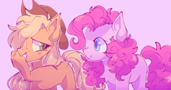 Size: 640x337 | Tagged: safe, artist:kerucloudii, derpibooru import, applejack, pinkie pie, earth pony, pony, applejack's hat, chest fluff, clothes, cowboy hat, duo, female, hat, mare, whispering