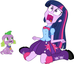 Size: 805x700 | Tagged: safe, artist:pascalmulokozi2, derpibooru import, edit, edited screencap, screencap, spike, twilight sparkle, twilight sparkle (alicorn), alicorn, dog, human, equestria girls, equestria girls (movie), background removed, blouse, bowtie, coward, duo, duo male and female, female, male, screaming, spike the dog, twilight's human reaction, twiscream