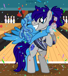 Size: 897x1000 | Tagged: safe, artist:jennieoo, derpibooru import, oc, oc:maverick, oc:ocean soul, earth pony, pegasus, pony, bowling, couple, happy, kiss on the cheek, kissing, patreon, patreon reward, ponytail, show accurate, soulverick, story, story included, trophy, vector