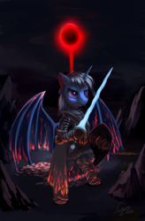 Size: 1420x2160 | Tagged: safe, artist:cyonixcymatro, derpibooru import, oc, oc only, alicorn, bat pony, bat pony alicorn, pony, alicorn oc, bat wings, dark souls 3, horn, solo, wings