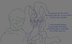 Size: 2020x1251 | Tagged: safe, artist:2hrnap, nightmare moon, oc, oc:anon, alicorn, human, dialogue, gray background, lineart, simple background