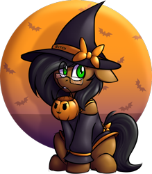 Size: 986x1128 | Tagged: safe, artist:notetaker, derpibooru import, oc, oc only, oc:notetaker, bat, earth pony, pony, bow, hat, pumpkin bucket, simple background, solo, transparent background, vulgar, witch hat