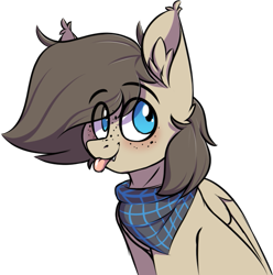 Size: 665x670 | Tagged: safe, artist:notetaker, derpibooru import, oc, oc only, oc:snaggletooth, pegasus, pony, :p, blushing, eye clipping through hair, eyebrows, eyebrows visible through hair, freckles, simple background, solo, tongue, tongue out, transparent background