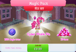 Size: 1268x860 | Tagged: safe, derpibooru import, pinkie pie, earth pony, pony, robot, robot pony, antennae, barn, bundle, camera, costs real money, english, female, gameloft, gem, magic coins, mare, numbers, official, pinkie bot, roboticization, sale, solo, solo focus, text