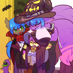 Size: 1024x1024 | Tagged: safe, artist:ninebuttom, derpibooru import, oc, bat pony, fox, undead, vampire, clothes, costume, halloween, halloween costume, hat, holiday, witch, witch hat