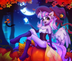 Size: 4096x3498 | Tagged: safe, artist:radioaxi, derpibooru import, oc, oc only, alicorn, anthro, alicorn oc, ass, butt, clothes, corset, female, hat, horn, leaf, leaves, moon, pumpkin, sitting, solo, tree, wings, witch hat