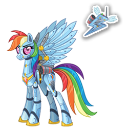 Size: 270x270 | Tagged: safe, derpibooru import, rainbow dash, pegasus, pony, robot, robot pony, elegant, female, gameloft, mare, mobile game, official, rainbot dash, roboticization, simple background, solo, spread wings, text, transparent background, wings