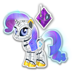 Size: 270x270 | Tagged: safe, derpibooru import, rarity, pony, robot, robot pony, unicorn, elegant, female, gameloft, mare, mobile game, official, raribot, roboticization, simple background, solo, spread wings, text, transparent background, wings