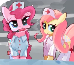 Size: 3273x2912 | Tagged: safe, artist:solid shrimp, derpibooru import, fluttershy, pinkie pie, earth pony, pegasus, pony, g4, clothes, duo, female, hat, high res, mare, nurse, pinktober, socks, syringe