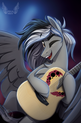 Size: 1355x2037 | Tagged: safe, artist:alrumoon_art, derpibooru import, oc, oc only, pegasus, pony, guitar, male, musical instrument, solo