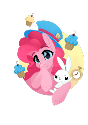 Size: 1668x2388 | Tagged: safe, artist:alrumoon_art, derpibooru import, angel bunny, pinkie pie, earth pony, pony, rabbit, alice in wonderland, animal, clock, cupcake, eyebrows, female, food, mad hatter, mare, simple background, smiling, transparent background