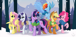 Size: 3403x1668 | Tagged: safe, alternate version, artist:alrumoon_art, derpibooru import, applejack, fluttershy, pinkie pie, rainbow dash, rarity, twilight sparkle, earth pony, pegasus, pony, unicorn, winter wrap up, curved horn, female, horn, mane six, mare, snow, snowfall, winter, winter wrap up vest