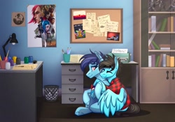 Size: 2388x1668 | Tagged: safe, artist:alrumoon_art, derpibooru import, oc, oc only, earth pony, pegasus, pony, book, bookshelf, brush, desk lamp, hug, lamp, male, pencil, trash can, typewriter