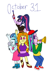 Size: 3000x4291 | Tagged: safe, artist:bigpurplemuppet99, derpibooru import, adagio dazzle, aria blaze, sci-twi, sonata dusk, twilight sparkle, equestria girls, ballet slippers, baton, clothes, costume, little einsteins, microphone, musical instrument, simple background, the dazzlings, transparent background, trumpet