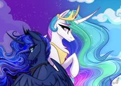 Size: 2183x1543 | Tagged: safe, artist:alrumoon_art, derpibooru import, princess celestia, princess luna, alicorn, pony, day, eyebrows, female, jewelry, mare, night, regalia, royal sisters, siblings, sisters, smiling