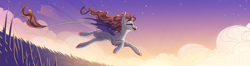 Size: 2707x714 | Tagged: safe, artist:alrumoon_art, derpibooru import, oc, oc only, oc:alruna moonrise, bat pony, pony, cloud, eyes closed, female, leonine tail, mare, running, sky, solo, stars, tail