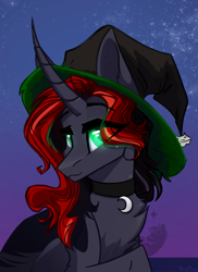 Size: 1211x1668 | Tagged: safe, artist:alrumoon_art, derpibooru import, oc, oc only, pony, unicorn, chest fluff, clothes, costume, female, halloween, halloween costume, hat, mare, solo, witch hat