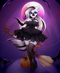 Size: 3270x3960 | Tagged: safe, artist:kutoshi, derpibooru import, oc, oc only, anthro, blue eyes, broom, clothes, commission, dress, ears, ears up, hair, looking at you, mane, moon, pumpkin, pumpkin bucket, socks, tail, thigh highs, ych result