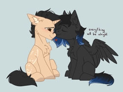 Size: 2048x1536 | Tagged: safe, artist:dorkmark, derpibooru import, oc, oc only, oc:mihana, oc:shadowguy, pegasus, pony, unicorn, chest fluff, ear fluff, ears, heart, horn, kissing, male, shy, sitting, stallion, wings