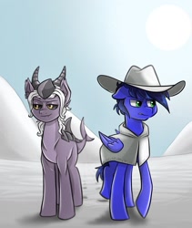 Size: 1180x1397 | Tagged: safe, artist:mutterbutter, derpibooru import, oc, oc:midnight blitzer, oc:runt, monster pony, pegasus, pony, series:monstermaresandyou, clothes, cowboy hat, day, female, hat, male, mare, monster, poncho, post-apocalyptic, stallion, sun, wasteland