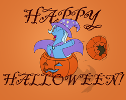 Size: 1748x1388 | Tagged: safe, artist:kingrow, derpibooru import, trixie, pony, unicorn, eyes closed, female, halloween, happy, holiday, mare, open mouth, pumpkin, simple background, sitting, solo