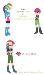 Size: 744x1264 | Tagged: safe, artist:prettycelestia, derpibooru import, rainbow dash, scootaloo, equestria girls, boots, clothes, denim, four arms, fusion, high heel boots, jacket, jeans, jewelry, multicolored hair, multiple arms, pants, purple eyes, rainbow hair, ring, shoes, simple background, white background