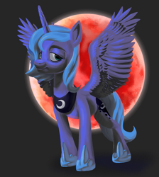 Size: 1733x1932 | Tagged: safe, artist:rollo32, derpibooru import, princess luna, alicorn, pony, black background, blood moon, blue hair, female, full body, halloween, holiday, mare, moon, nightmare night, simple background, solo, spread wings, wings