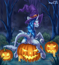Size: 3024x3327 | Tagged: safe, artist:ingolf arts, derpibooru import, oc, oc only, oc:pearl wave, original species, pony, shark, shark pony, unicorn, butt, clothes, featureless crotch, female, fish tail, grass, grin, halloween, hat, high res, holiday, horn, jack-o-lantern, looking at you, mare, night, plot, pumpkin, smiling, smiling at you, solo, stars, tail, tree, witch, witch hat