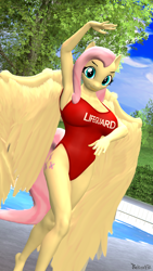 Size: 1080x1920 | Tagged: safe, artist:rekinek5-7, derpibooru import, fluttershy, anthro, pegasus, 3d, breasts, clothes, hootershy, lifeguard, looking at you, one-piece swimsuit, pose, red swimsuit, sexy, shirt, smiling, solo, source filmmaker, stupid sexy fluttershy, swimming pool, swimsuit, wings