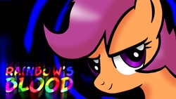 Size: 1280x720 | Tagged: safe, artist:taeko, derpibooru exclusive, derpibooru import, edit, scootaloo, pegasus, pony, 2022, abstract background, black outlines, female, looking at you, mare, older, rainbow's blood (song), redraw, shading, smiling, solo