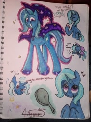 Size: 3120x4160 | Tagged: safe, artist:4agonism, derpibooru import, trixie, pony, unicorn, art dump, cape, clothes, cute, diatrixes, female, frying pan, hooves up, irl, magic, mare, photo, question mark, raised hoof, raised leg, sketch, solo, telekinesis, the rock, trixie day, trixie day 2022, trixie's cape, unshorn fetlocks